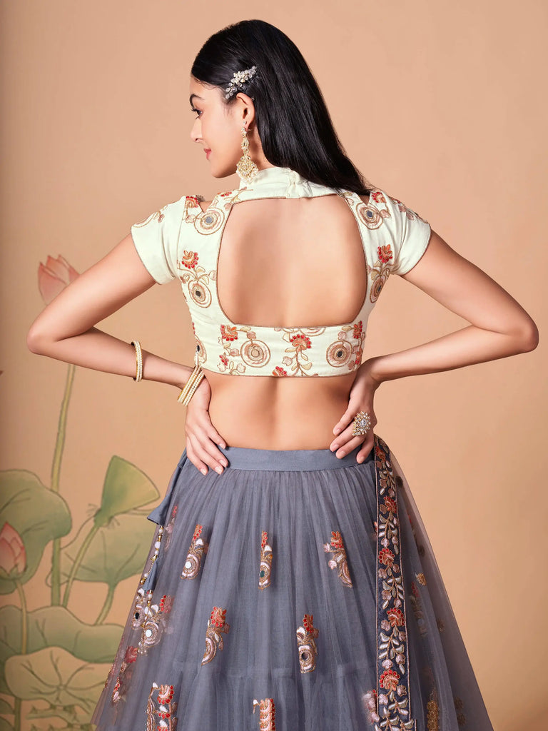 Sumptuous Grey Mirror Work Net Designer Lehenga Choli