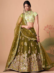 Gorgeous Olive Green Embroidered Net Wedding Lehenga Choli