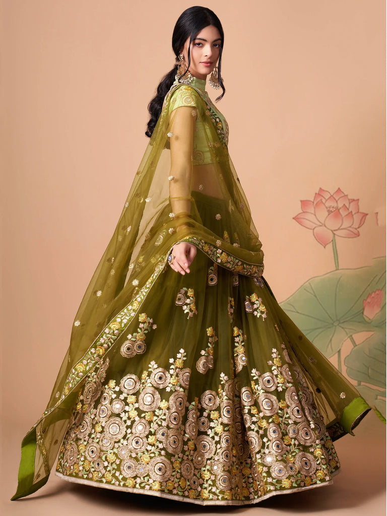 Gorgeous Olive Green Embroidered Net Wedding Lehenga Choli