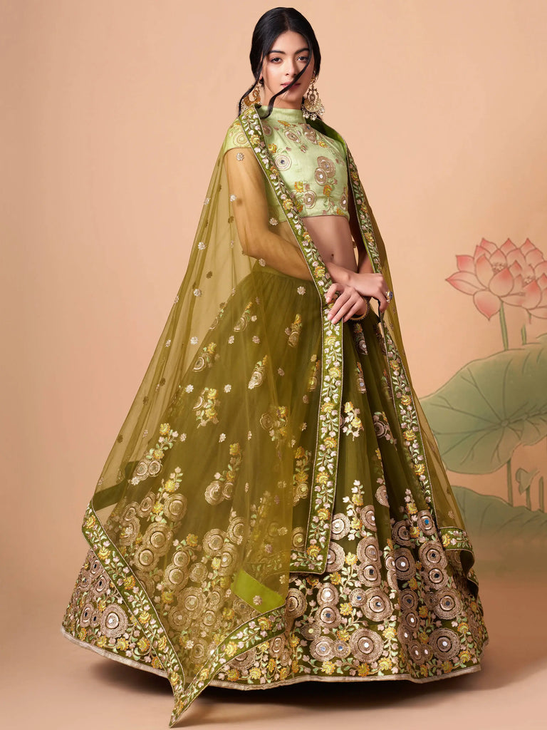 Gorgeous Olive Green Embroidered Net Wedding Lehenga Choli