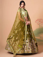 Gorgeous Olive Green Embroidered Net Wedding Lehenga Choli