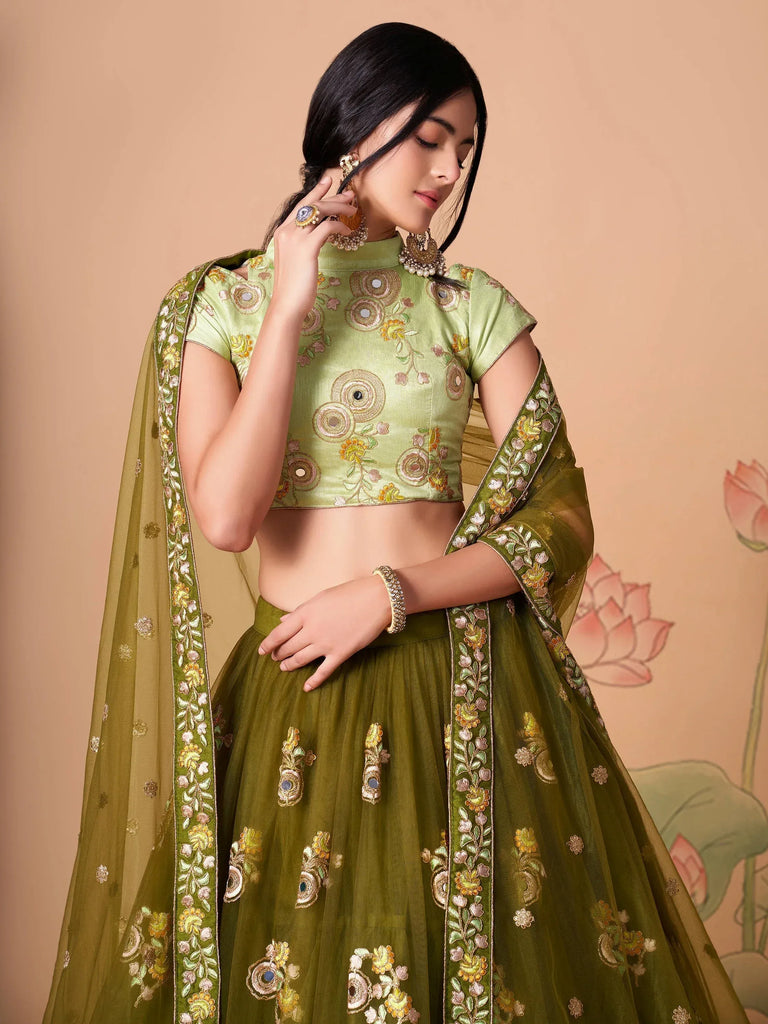 Dazzling Green Embroidered Net Marriage Wear Plus Size Lehenga Choli