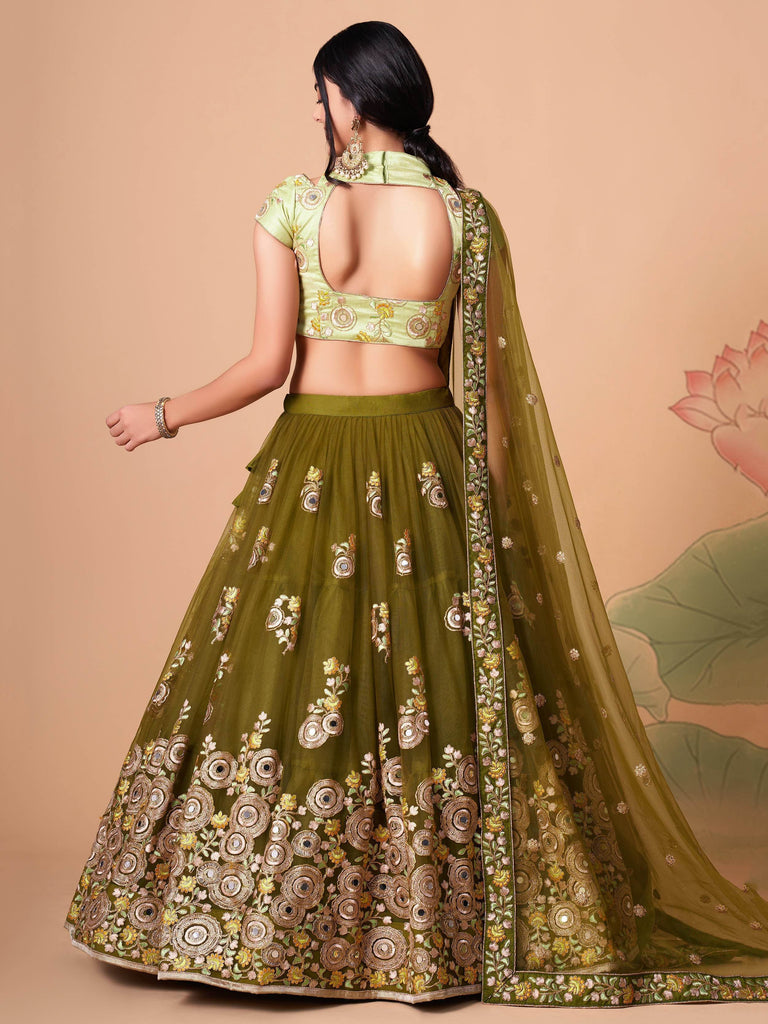 Gorgeous Olive Green Embroidered Net Wedding Lehenga Choli