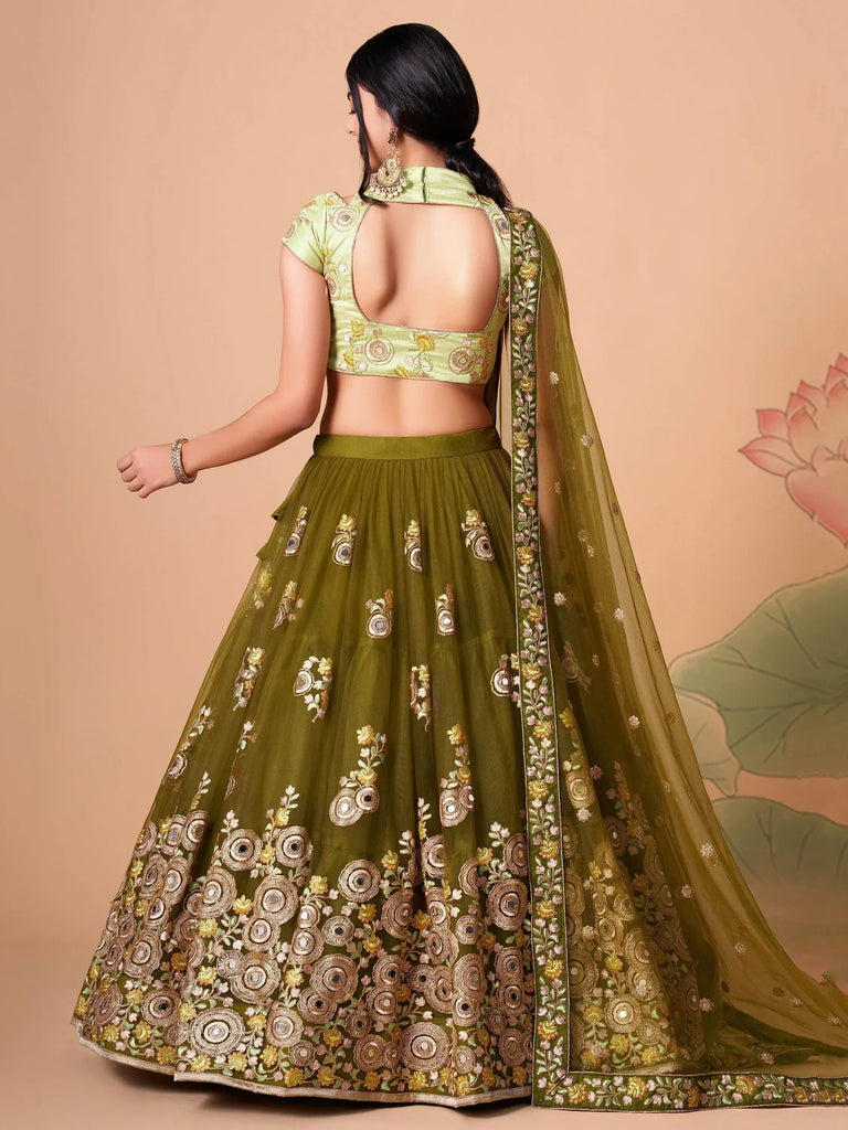 Dazzling Green Embroidered Net Marriage Wear Plus Size Lehenga Choli