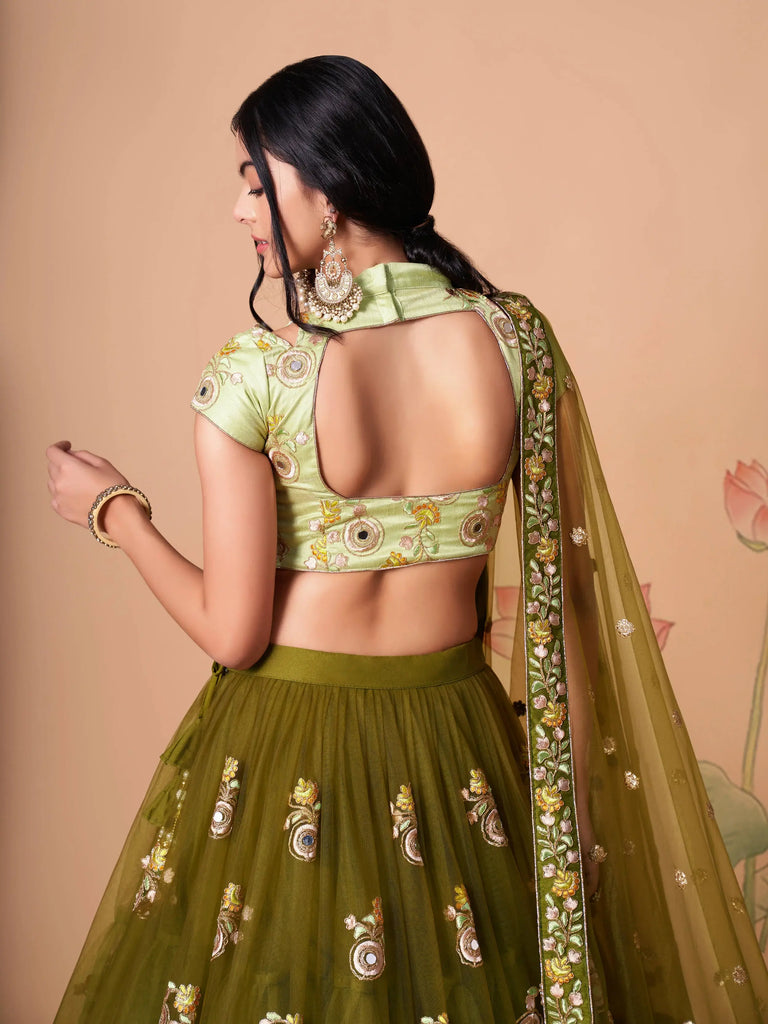 Gorgeous Olive Green Embroidered Net Wedding Lehenga Choli