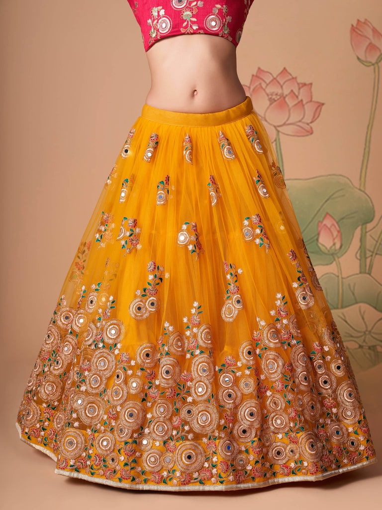Dazzling Yellow Sequins Work Net Designer Lehenga Choli
