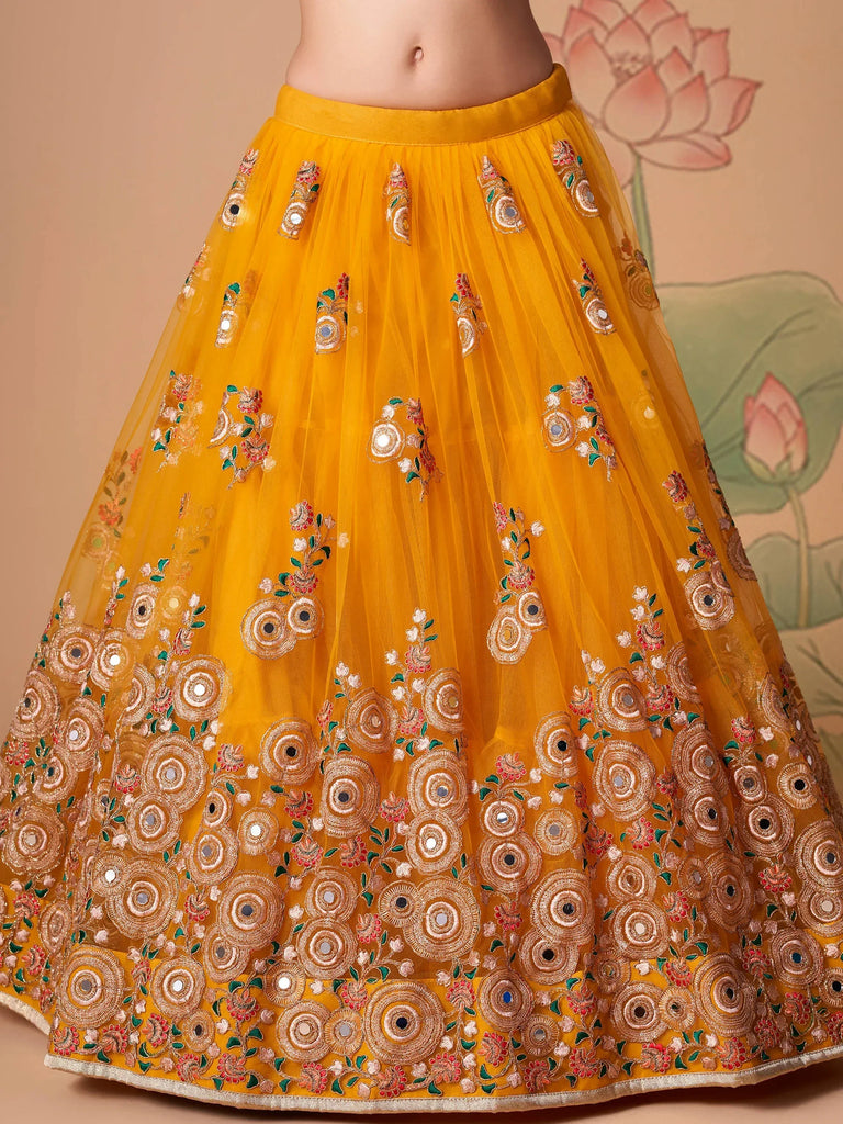Charming Yellow Embroidered Net Haldi Wear Plus Size Lehenga Choli