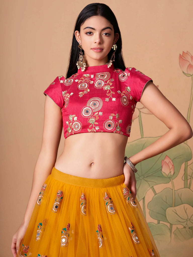 Charming Yellow Embroidered Net Haldi Wear Plus Size Lehenga Choli
