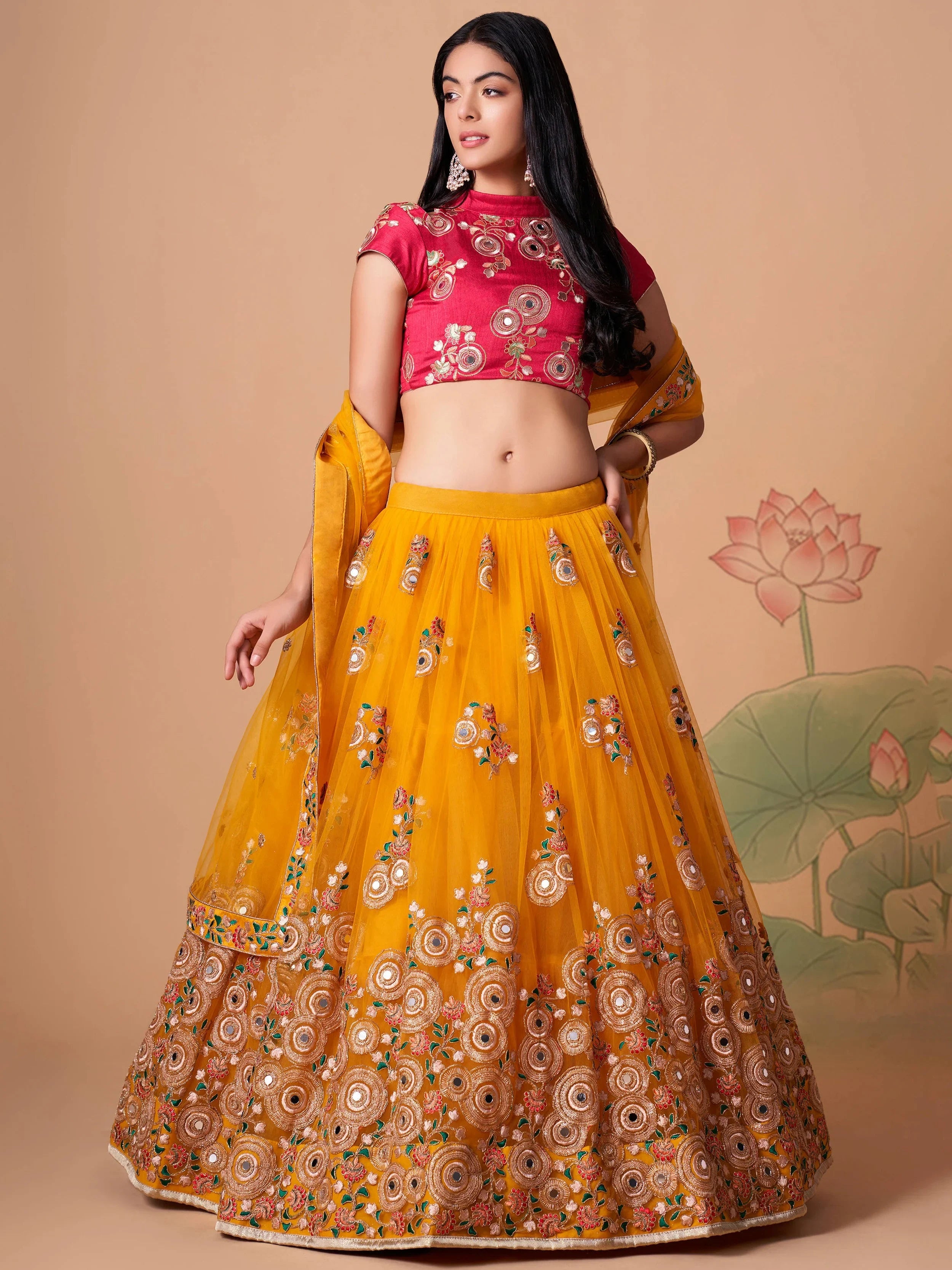 Charming Yellow Embroidered Net Haldi Wear Plus Size Lehenga Choli