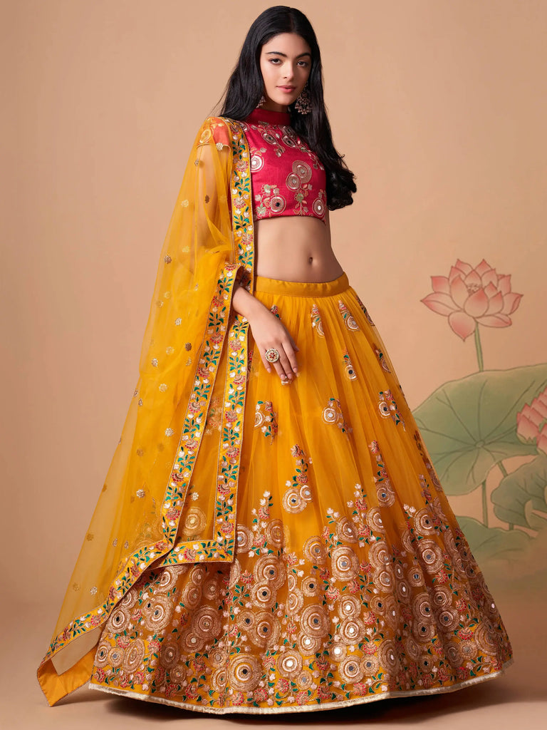 Dazzling Yellow Sequins Work Net Designer Lehenga Choli