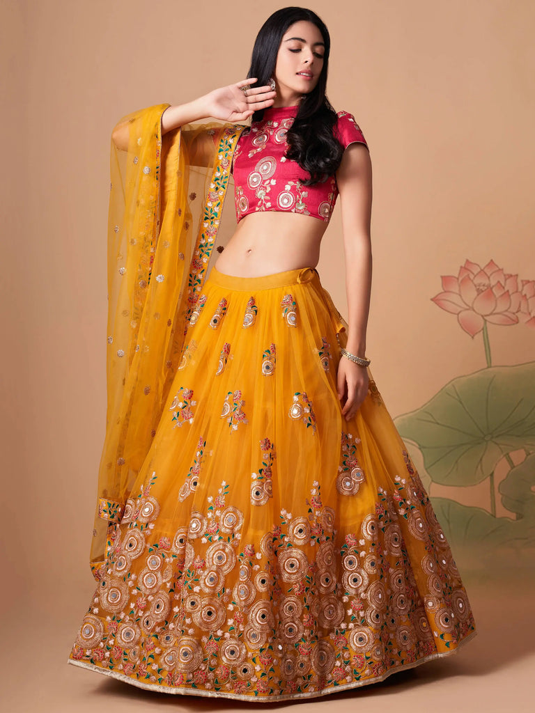 Dazzling Yellow Sequins Work Net Designer Lehenga Choli