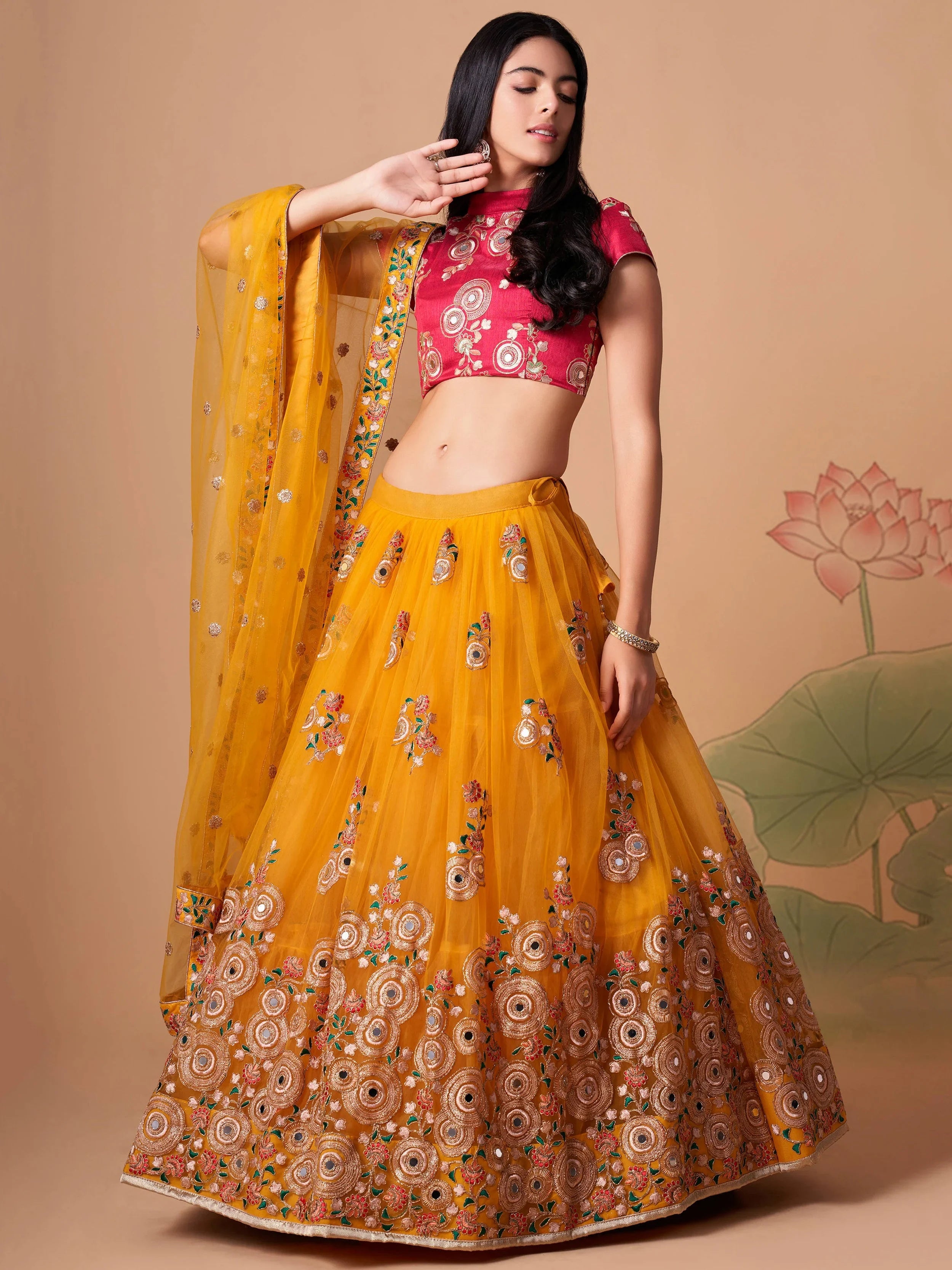 Charming Yellow Embroidered Net Haldi Wear Plus Size Lehenga Choli