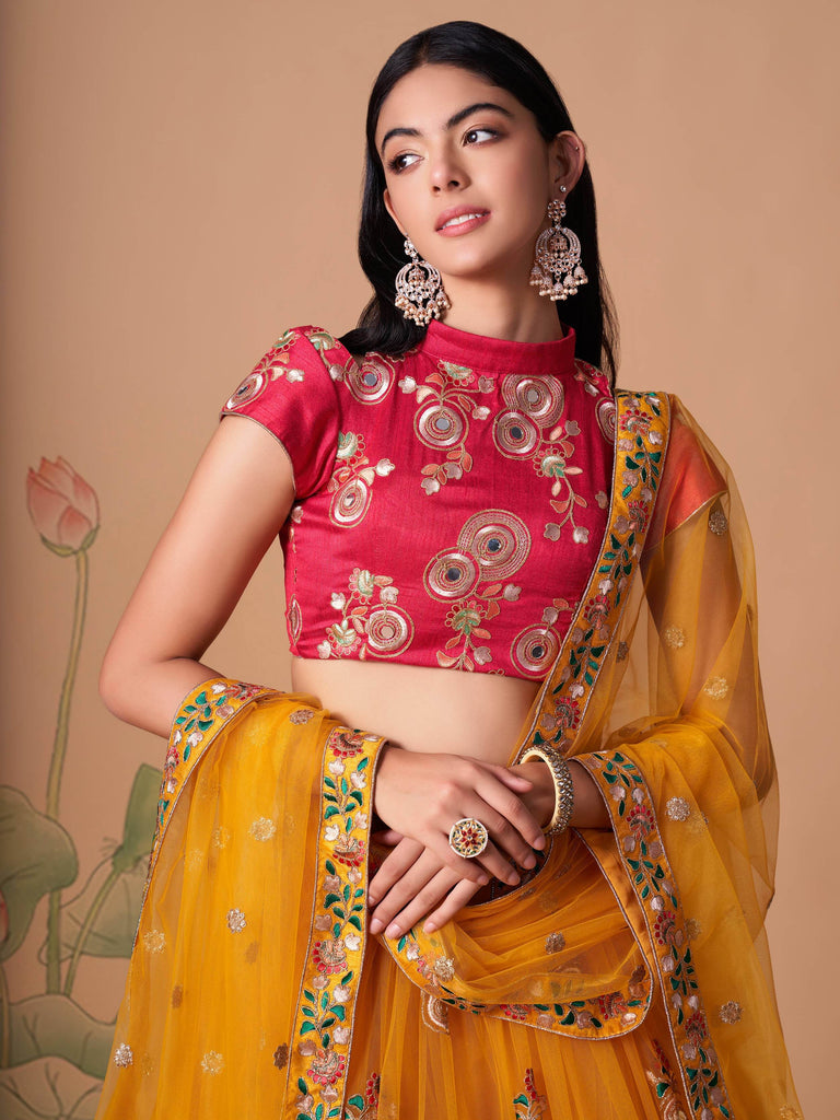 Dazzling Yellow Sequins Work Net Designer Lehenga Choli