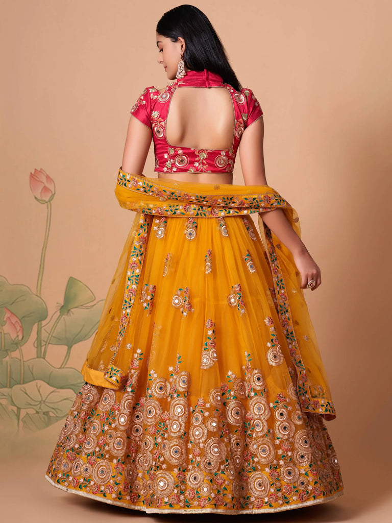Dazzling Yellow Sequins Work Net Designer Lehenga Choli