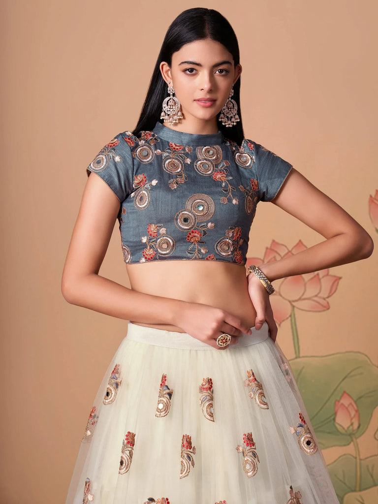 Great Off-White Embroidered Net Sangeet Wear Plus Size Lehenga Choli