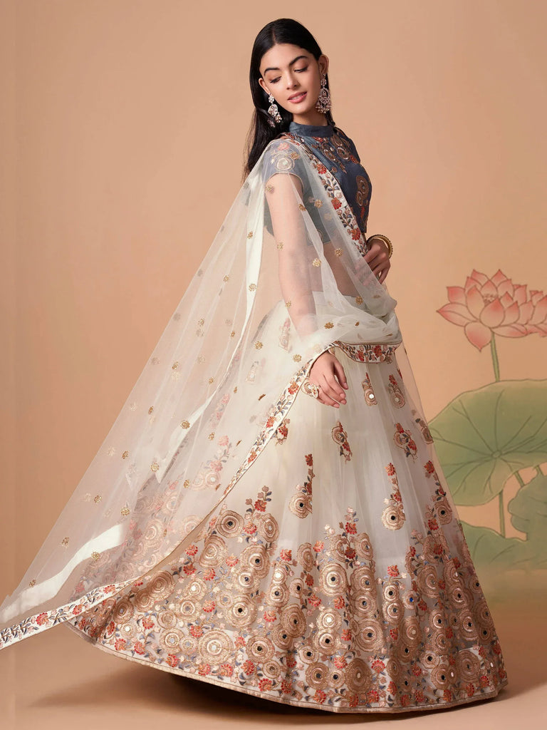 Great Off-White Embroidered Net Sangeet Wear Plus Size Lehenga Choli
