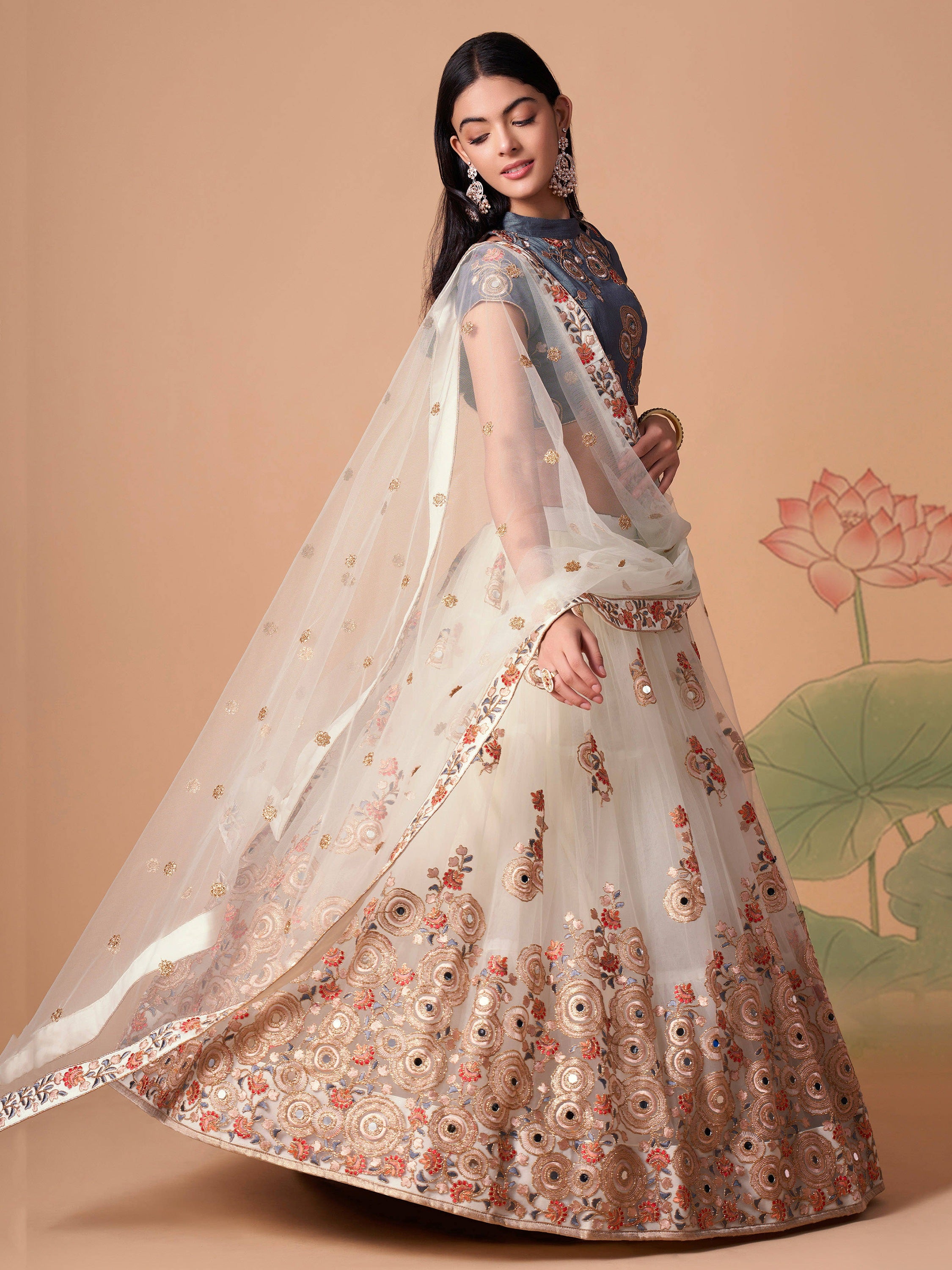 Great Off-White Embroidered Net Sangeet Wear Plus Size Lehenga Choli
