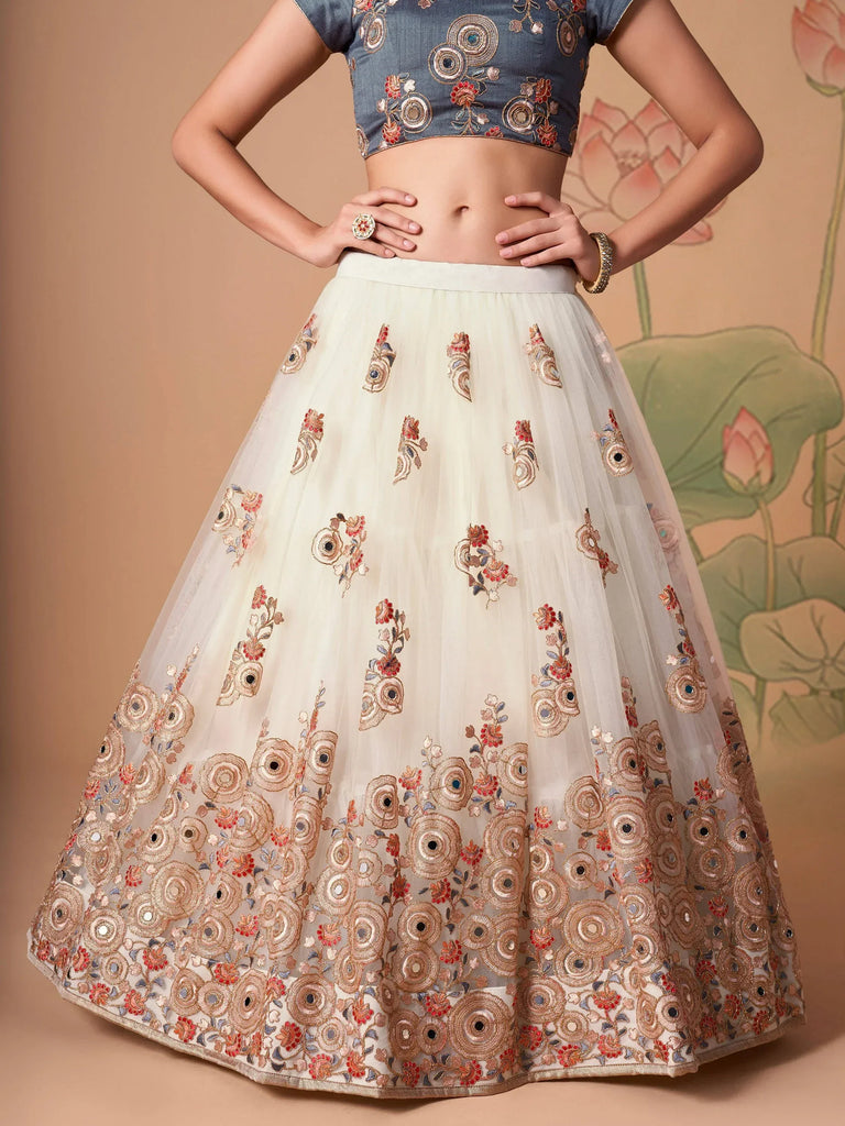 Great Off-White Embroidered Net Sangeet Wear Plus Size Lehenga Choli