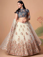 Great Off-White Embroidered Net Sangeet Wear Plus Size Lehenga Choli