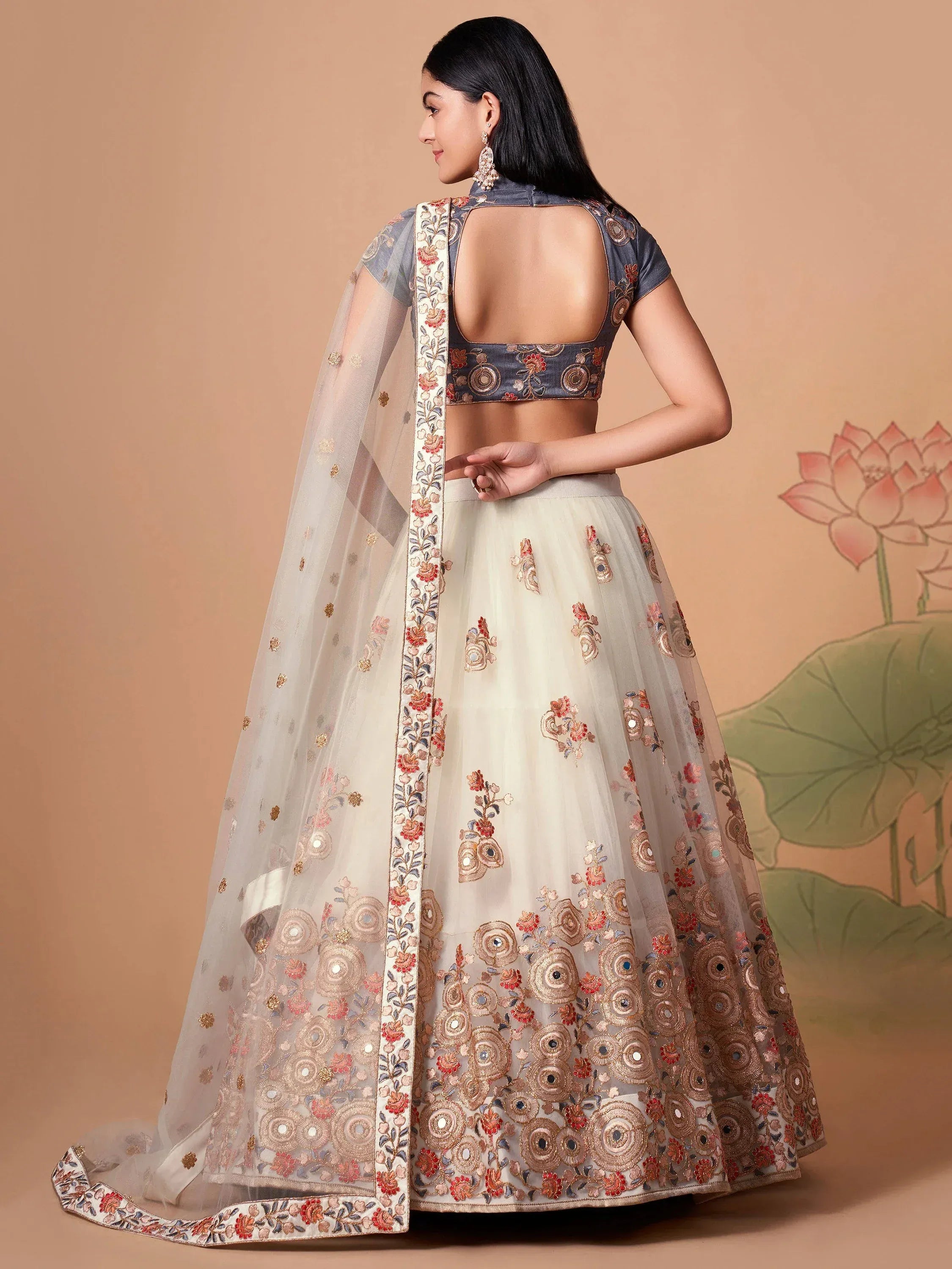 Great Off-White Embroidered Net Sangeet Wear Plus Size Lehenga Choli