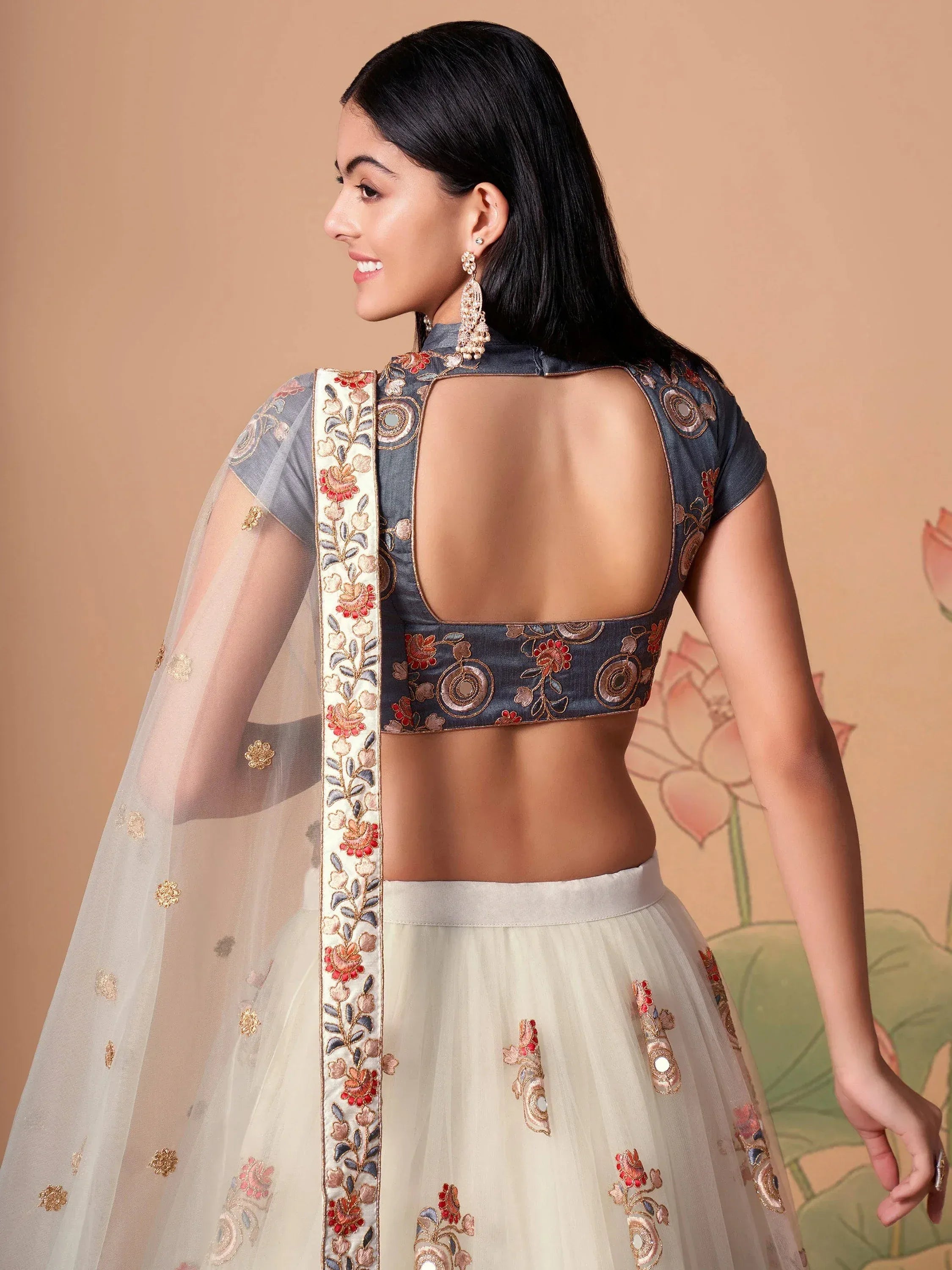 Great Off-White Embroidered Net Sangeet Wear Plus Size Lehenga Choli