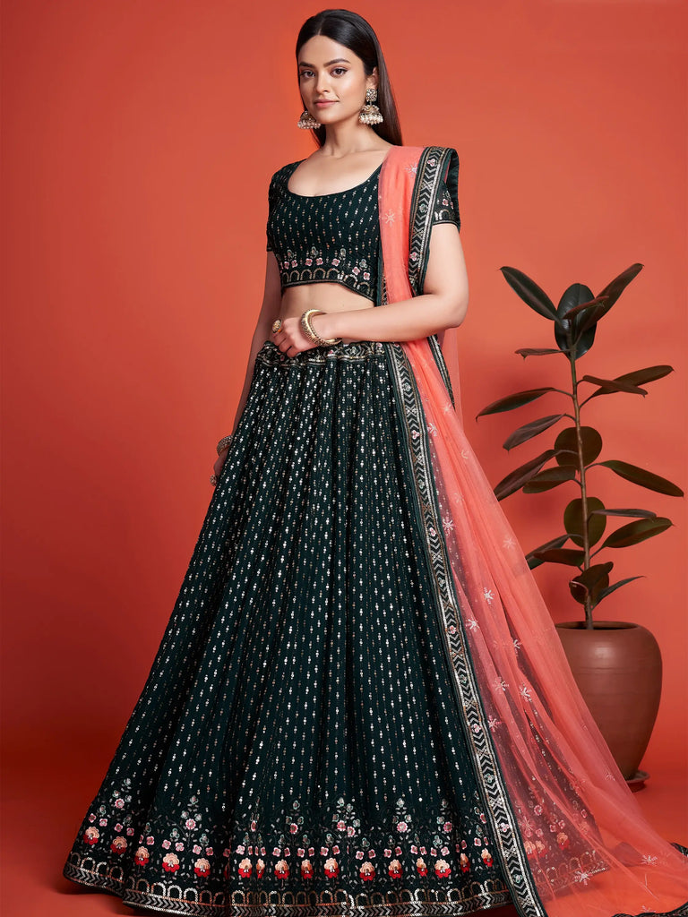 Splendid Bottle Green Sequined Georgette Bridesmaid Lehenga Choli