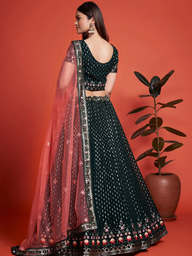 Splendid Bottle Green Sequined Georgette Bridesmaid Lehenga Choli