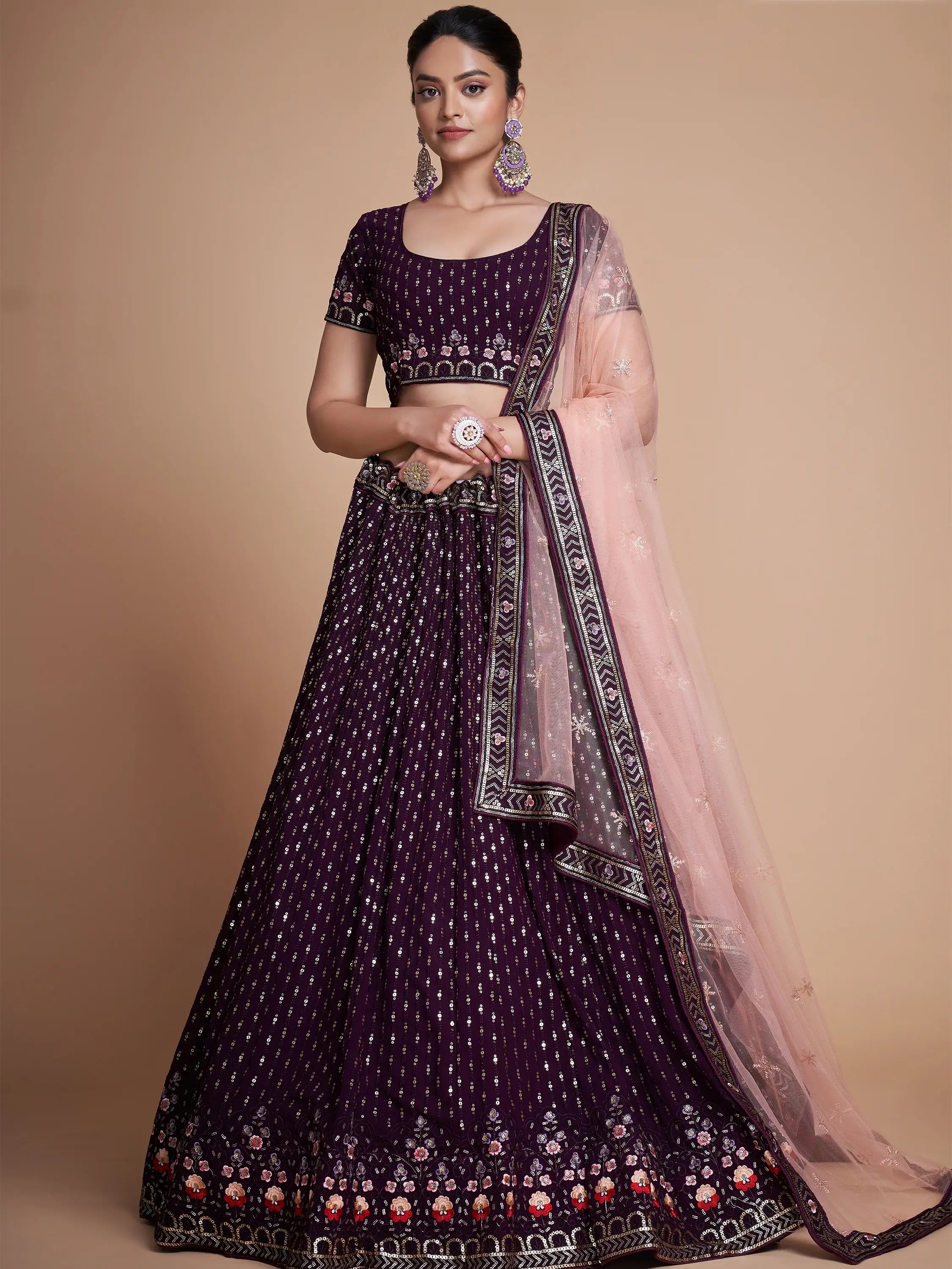 Fantastic Wine Thread Embroidery Georgette Sangeet Party Lehenga Choli