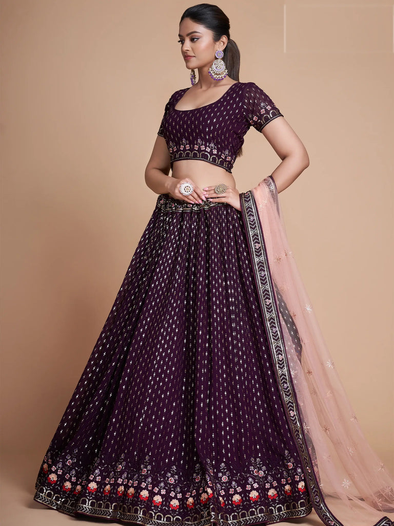 Fantastic Wine Thread Embroidery Georgette Sangeet Party Lehenga Choli
