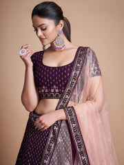 Fantastic Wine Thread Embroidery Georgette Sangeet Party Lehenga Choli