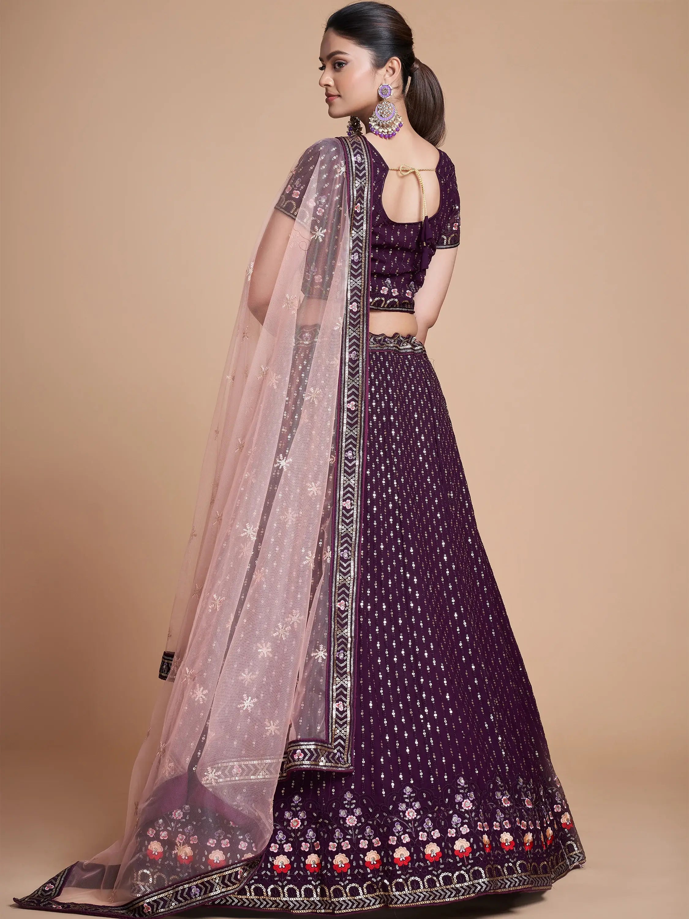 Fantastic Wine Thread Embroidery Georgette Sangeet Party Lehenga Choli