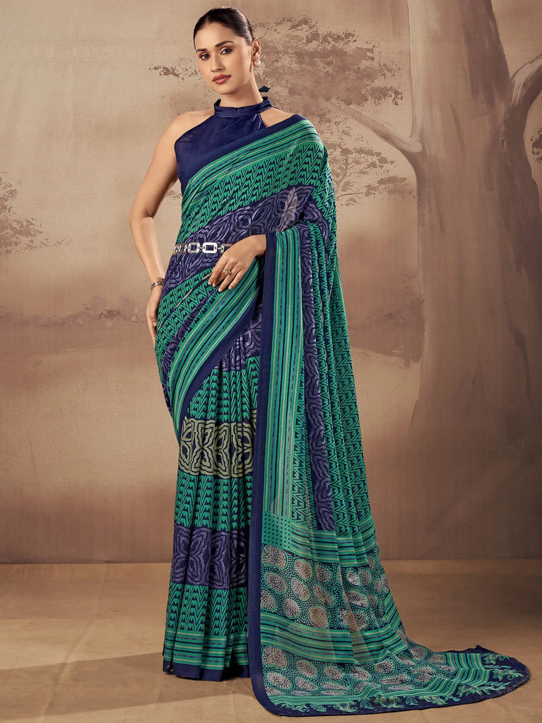Stunning Teal Green Digital Printed Cotton Daily Wear Saree With Blouse
