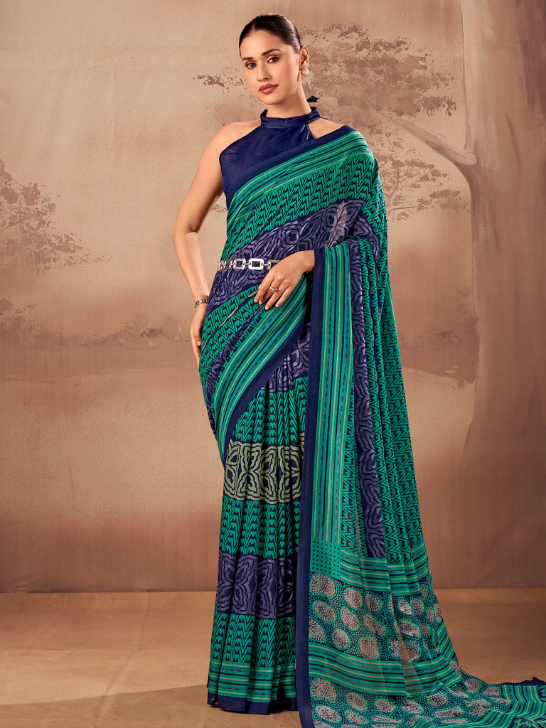 Stunning Teal Green Digital Printed Cotton Daily Wear Saree With Blouse
