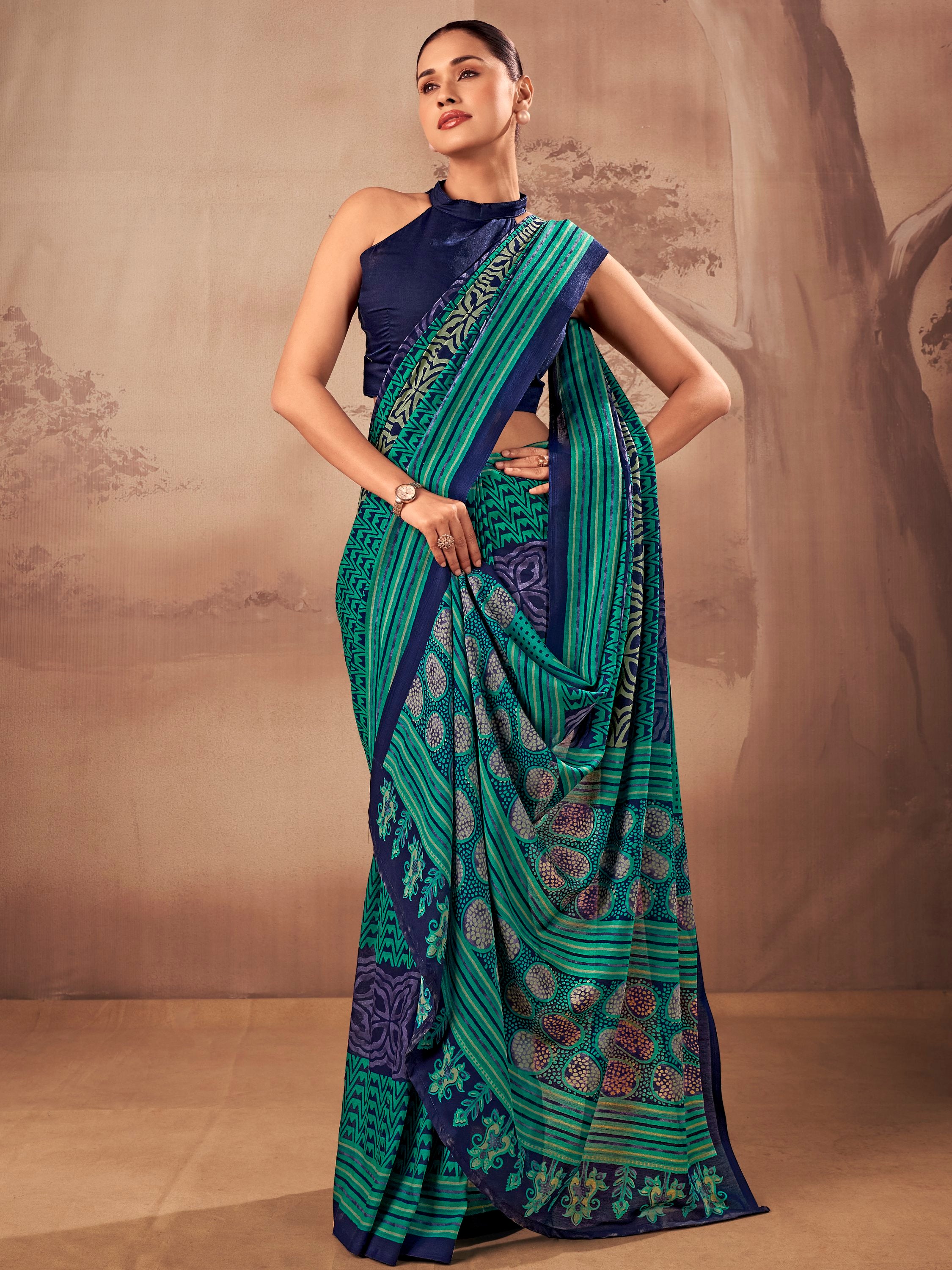 Stunning Teal Green Digital Printed Cotton Marriage Wear Saree With Blouse