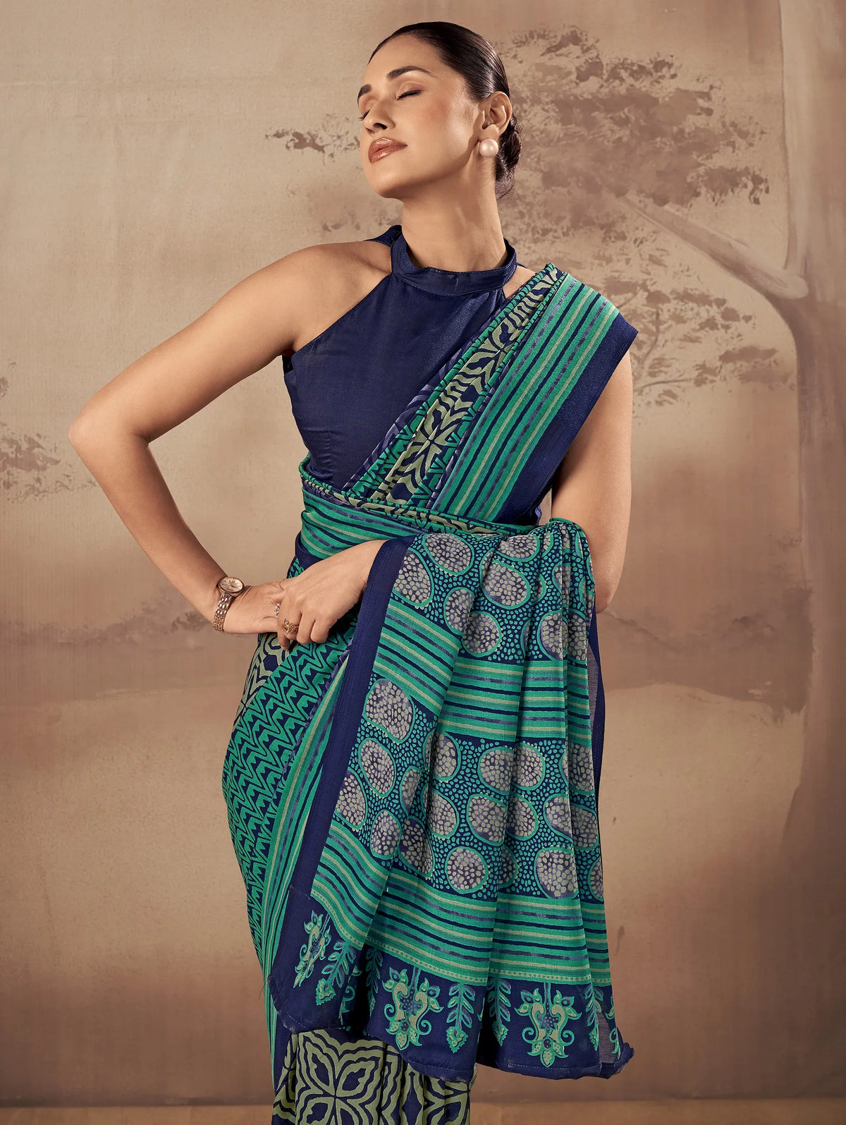 Stunning Teal Green Digital Printed Cotton Daily Wear Saree With Blouse