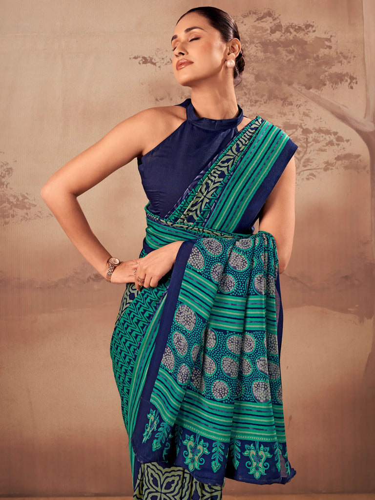 Stunning Teal Green Digital Printed Cotton Daily Wear Saree With Blouse