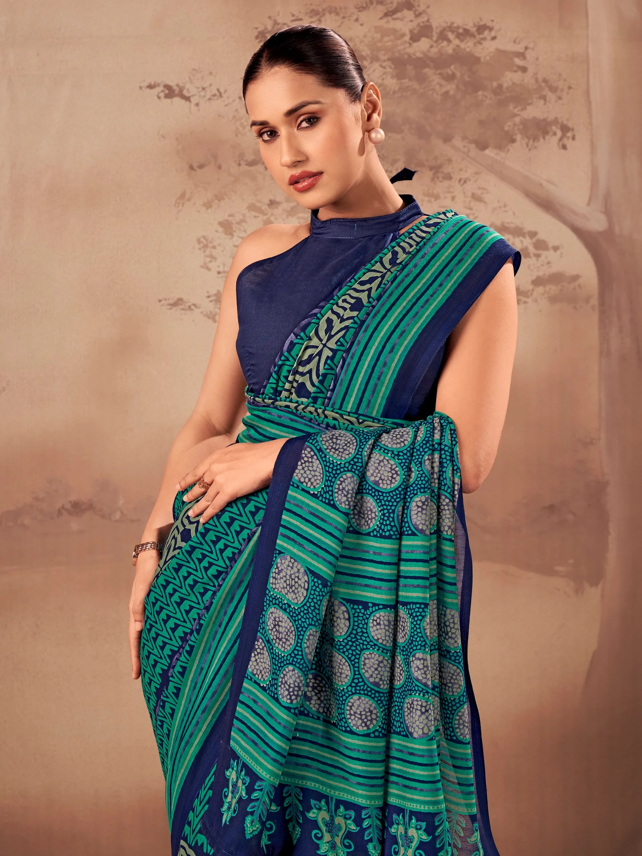 Stunning Teal Green Digital Printed Cotton Daily Wear Saree With Blouse