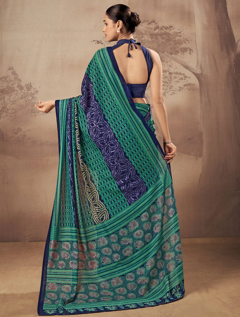 Stunning Teal Green Digital Printed Cotton Daily Wear Saree With Blouse
