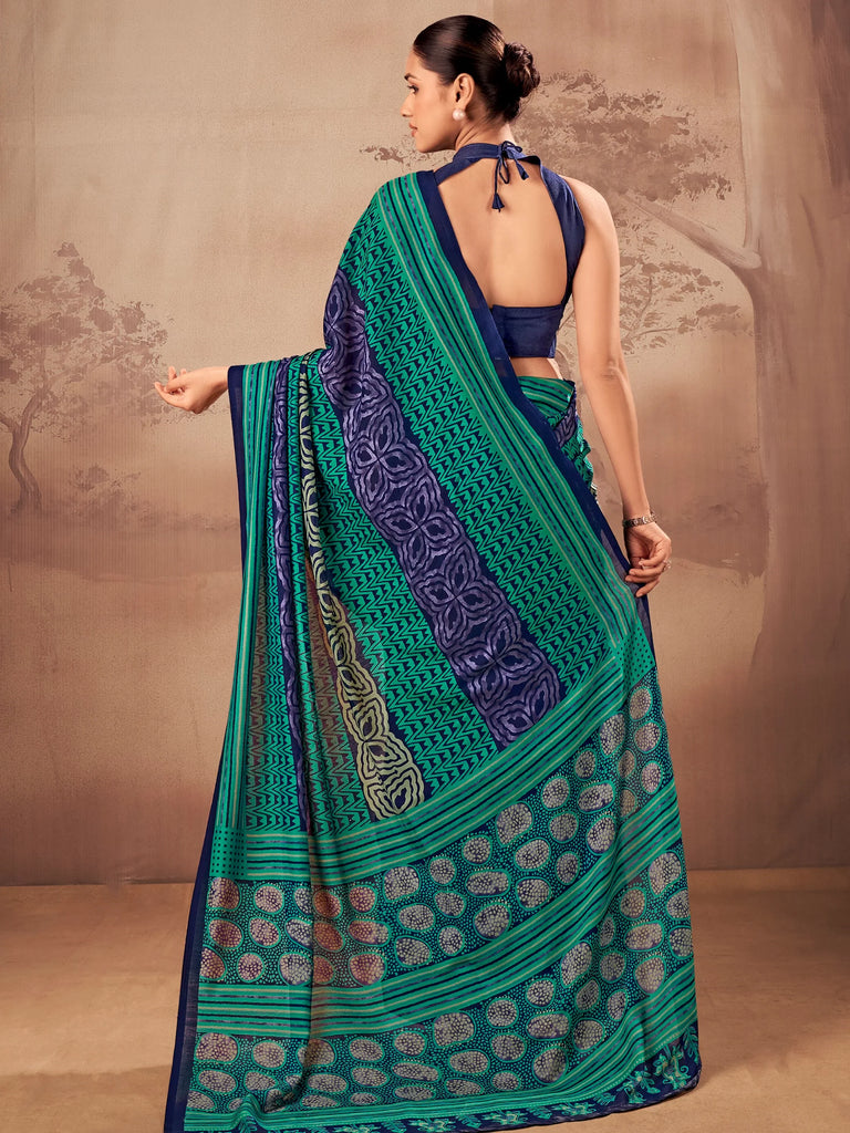 Stunning Teal Green Digital Printed Cotton Daily Wear Saree With Blouse