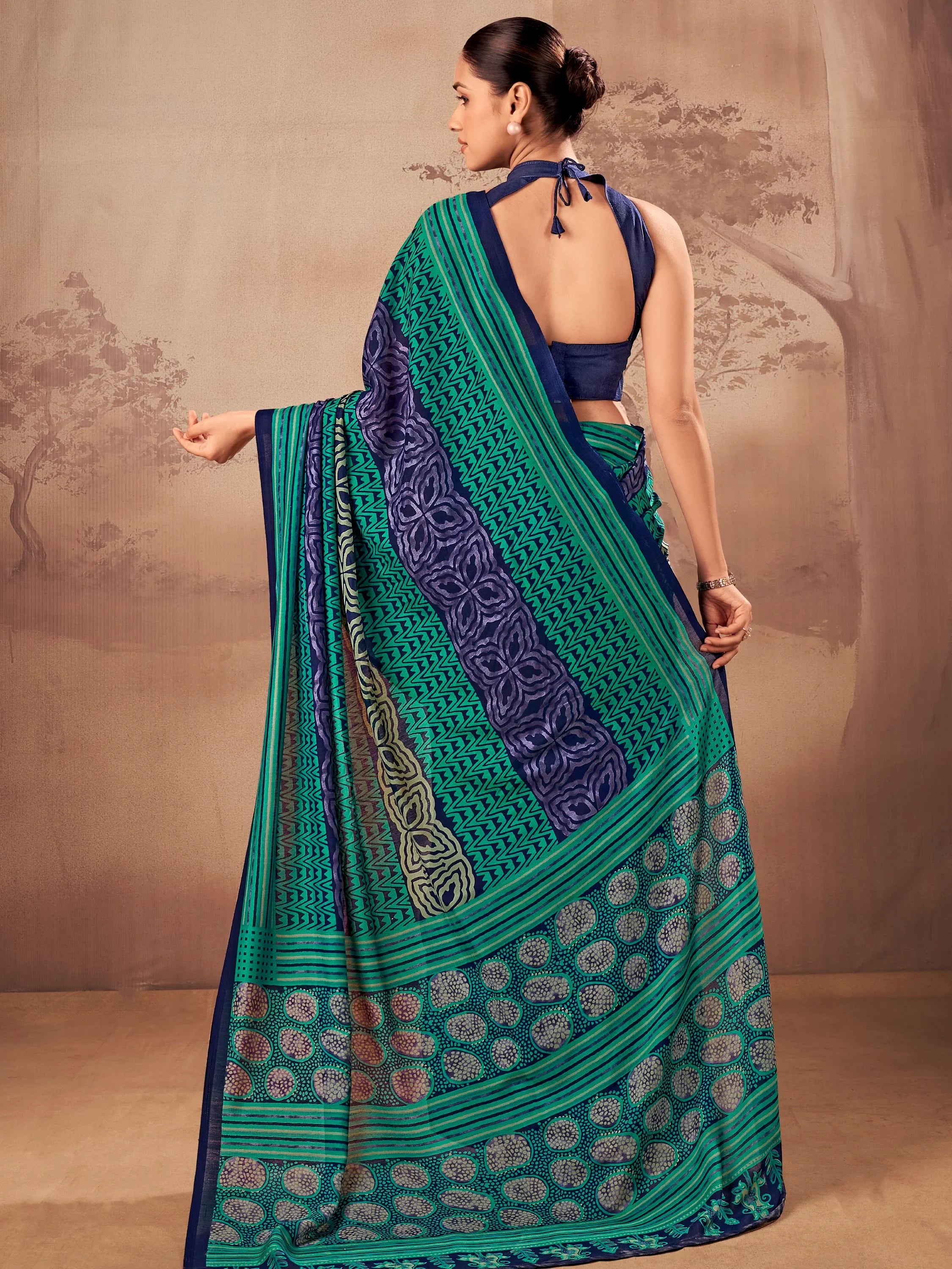 Stunning Teal Green Digital Printed Cotton Daily Wear Saree With Blouse