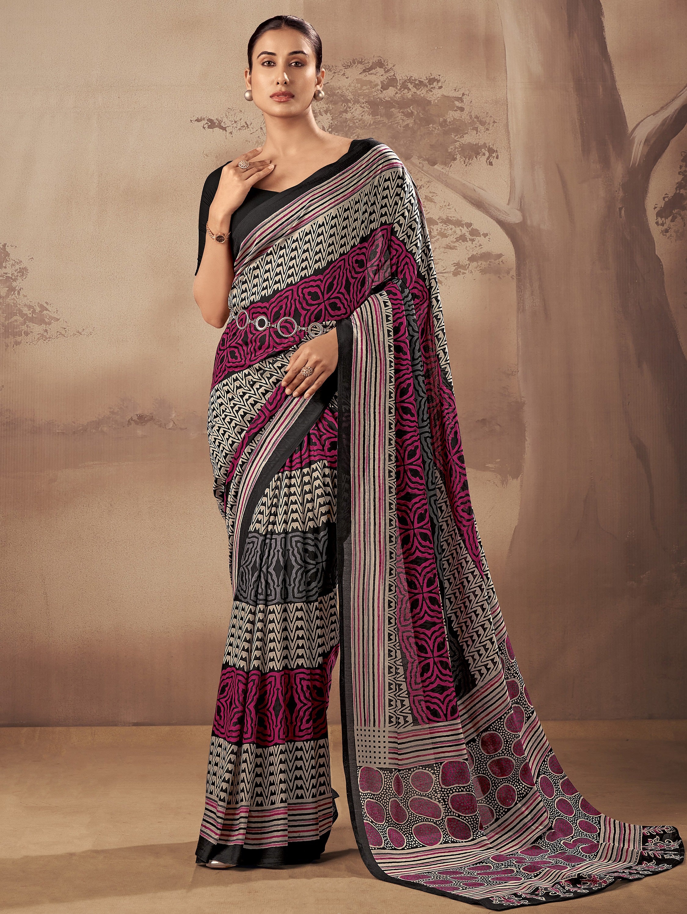 Classy Black Digital Printed Cotton Office Wear Saree With Blouse