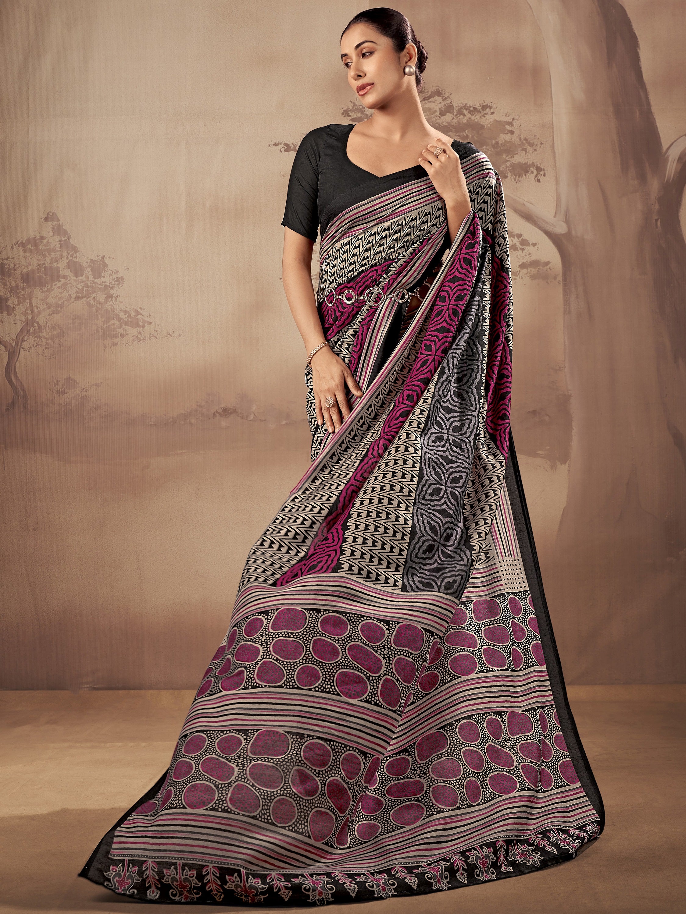 Classy Black Digital Printed Cotton Office Wear Saree With Blouse