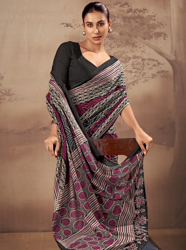 Classy Black Digital Printed Cotton Office Wear Saree With Blouse