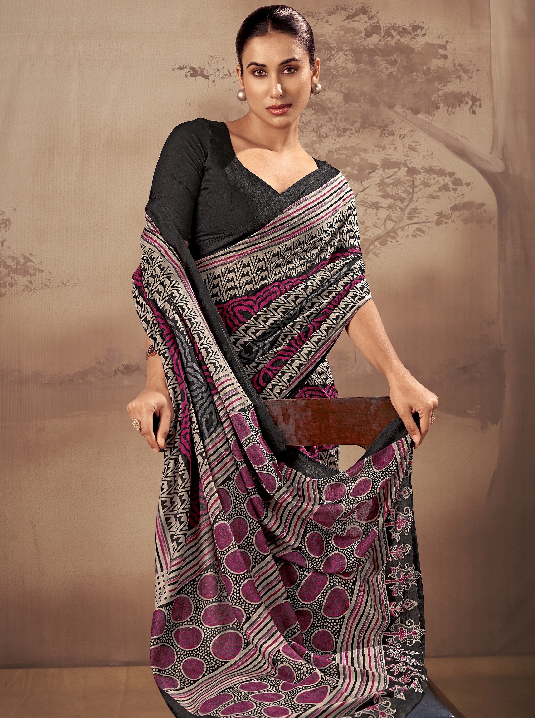 Classy Black Digital Printed Cotton Office Wear Saree With Blouse