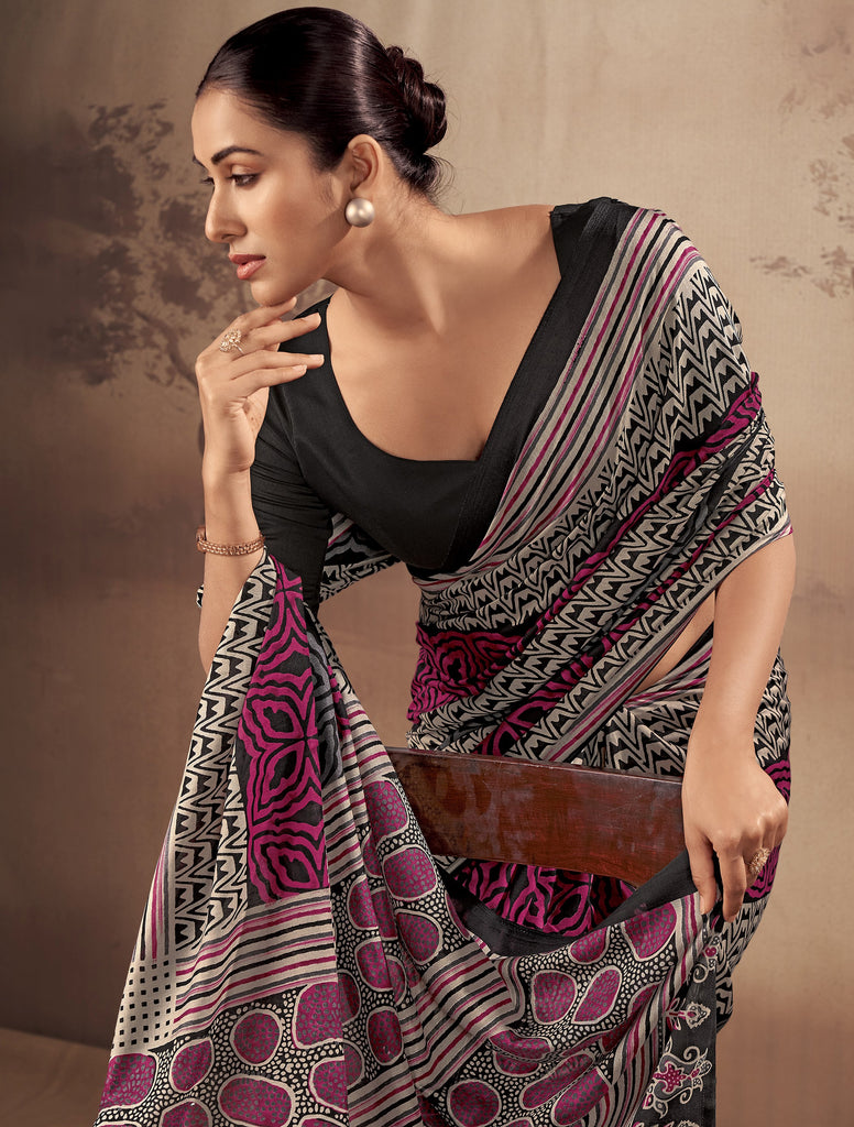 Classy Black Digital Printed Cotton Office Wear Saree With Blouse