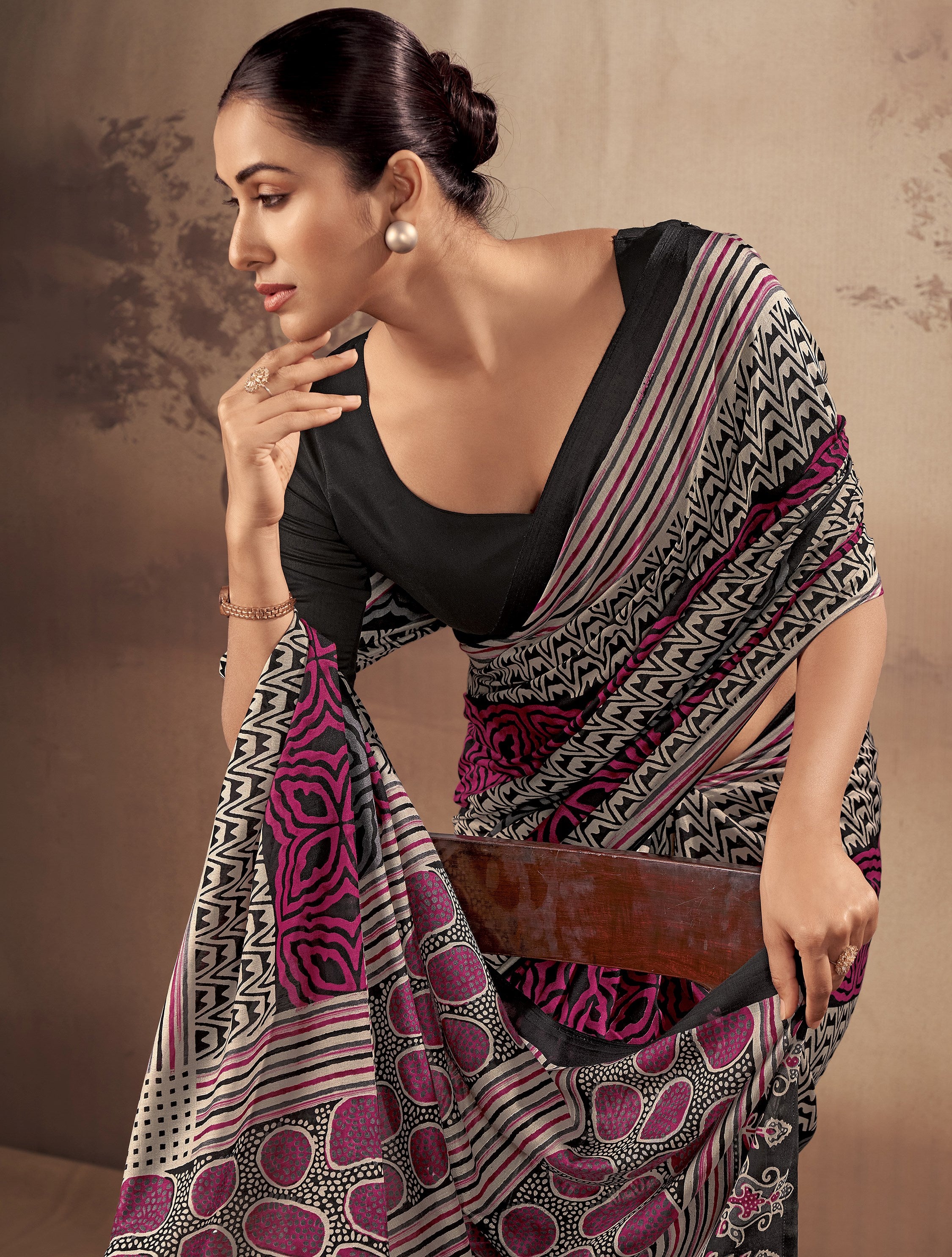Classy Black Digital Printed Cotton Office Wear Saree With Blouse
