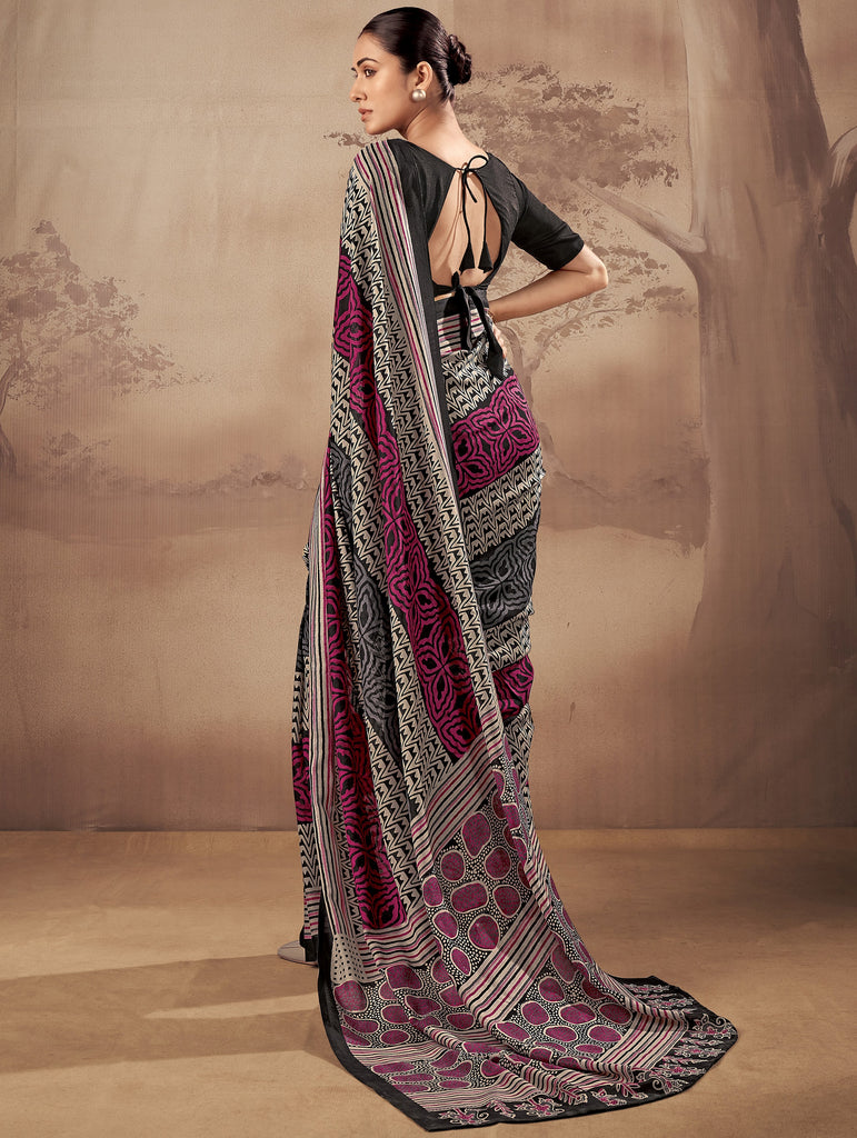 Classy Black Digital Printed Cotton Office Wear Saree With Blouse