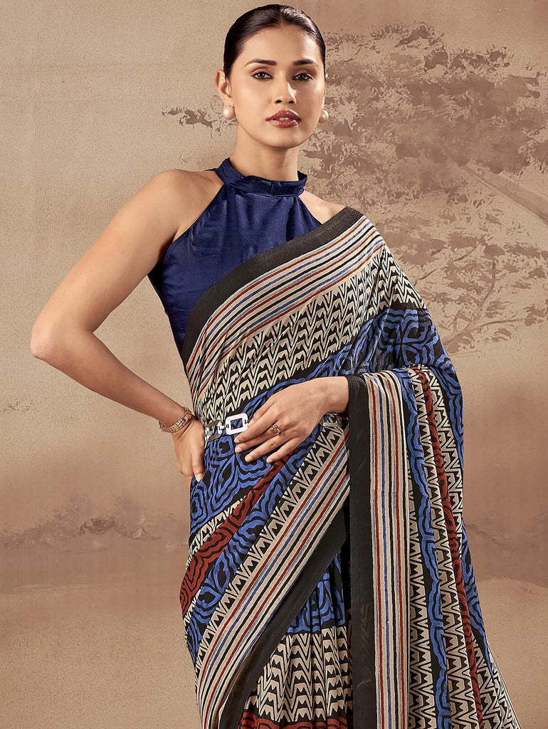 Fantastic Navy Blue Printed Cotton Festive Wear Saree With Blouse