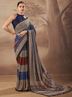 Fantastic Navy Blue Printed Cotton Festive Wear Saree With Blouse