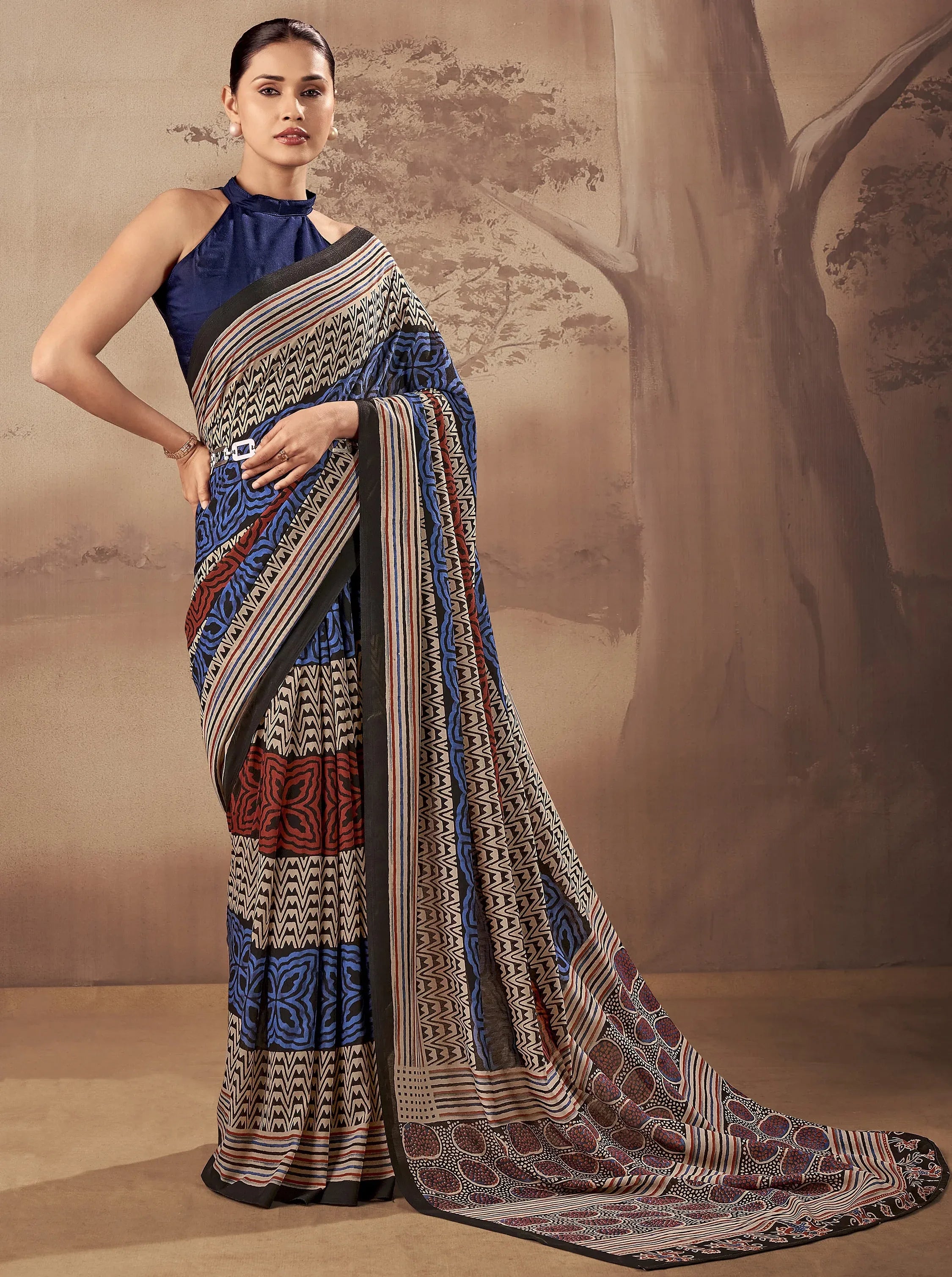 Fantastic Navy Blue Printed Cotton Festive Wear Saree With Blouse